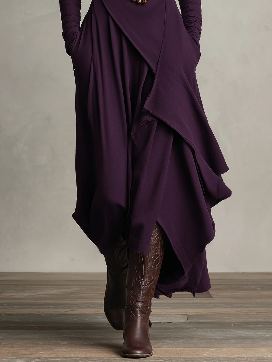 Allie | Robe Maxi Violette Plissée Asymétrique À Col Montant (Collier non inclus)